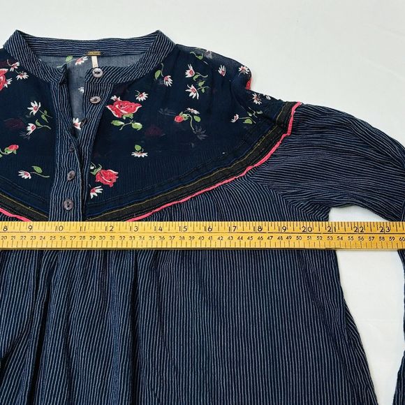 Free People Hearts And Colors Tunic Top SMALL Navy Blue Pin Stripe Sheer Floral - Picture 4 of 15